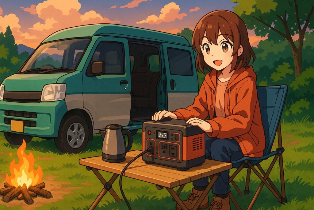 車中泊キャンプ、ポータブル電源のイメージイラスト