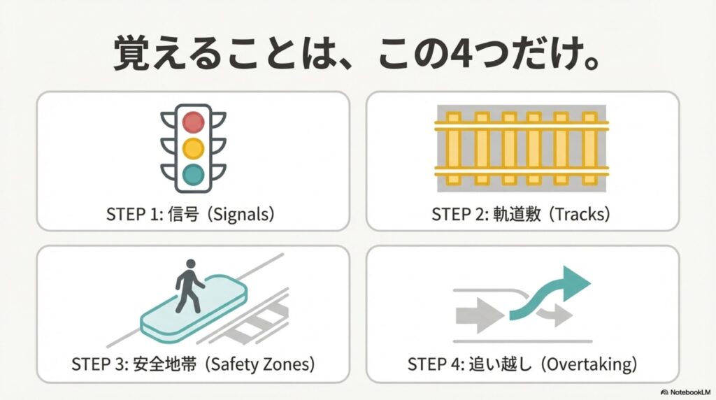 路面電車の交通ルール・4つの重要ポイント解説イラスト